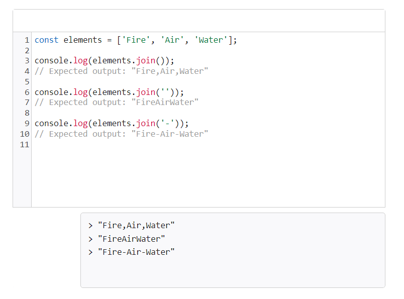 Пример выполнения кода с объединением элементов в строку (join)